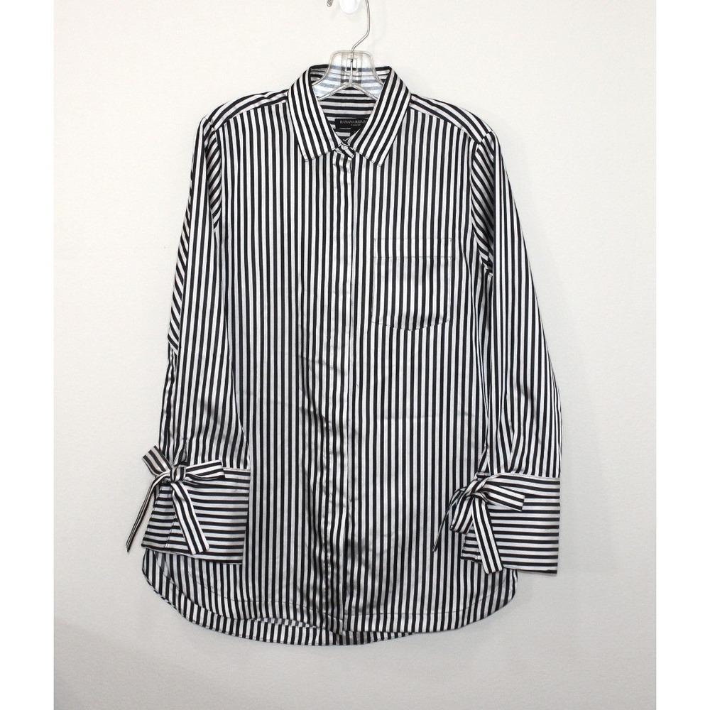 Banana Republic Parker satin blouse Small black white striped tie cuff bow top
